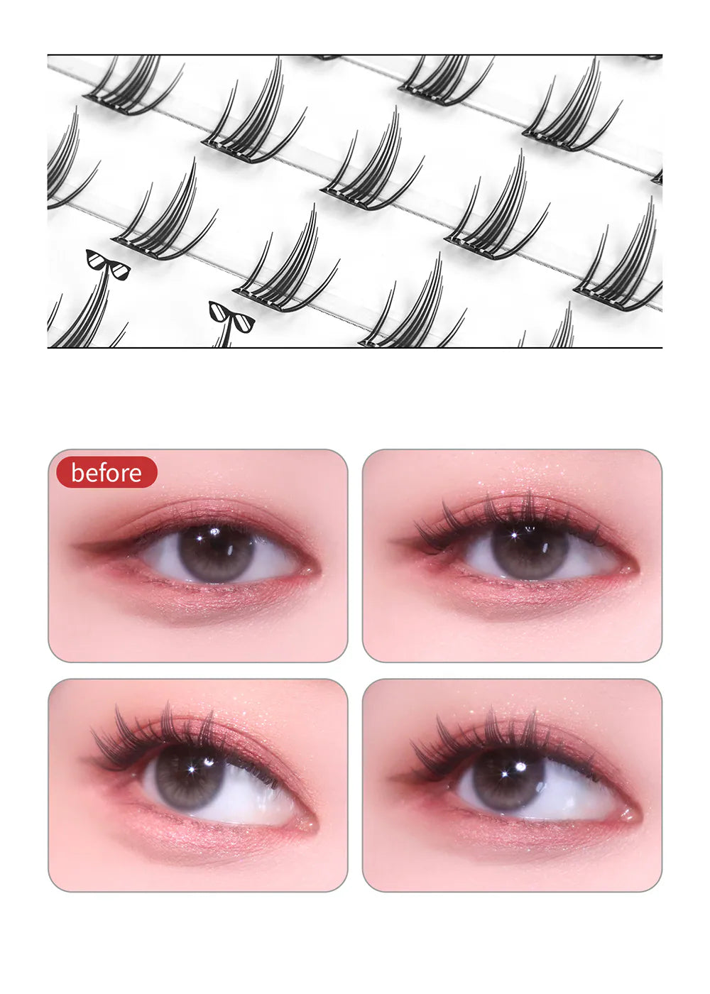 SOO ADOR｜Easy-Apply Clean Cut Self-adhesive Cluster Lashes- Glue-free & Includes lash applicator（80 pieces）｜6 styles available