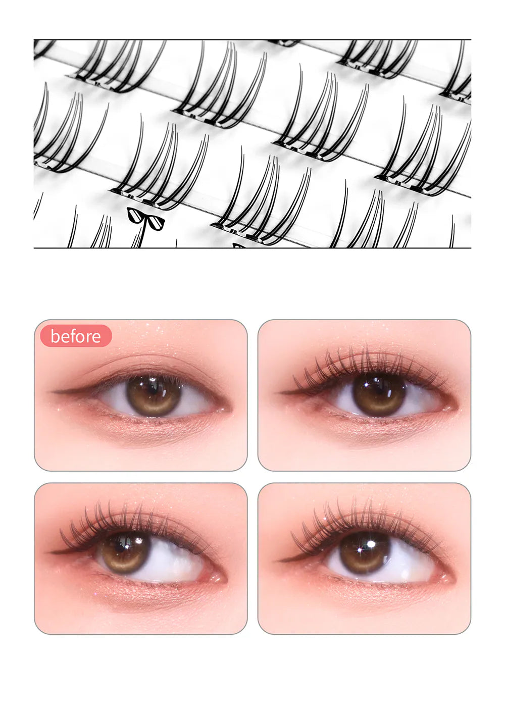 SOO ADOR｜Easy-Apply Clean Cut Self-adhesive Cluster Lashes- Glue-free & Includes lash applicator（80 pieces）｜6 styles available