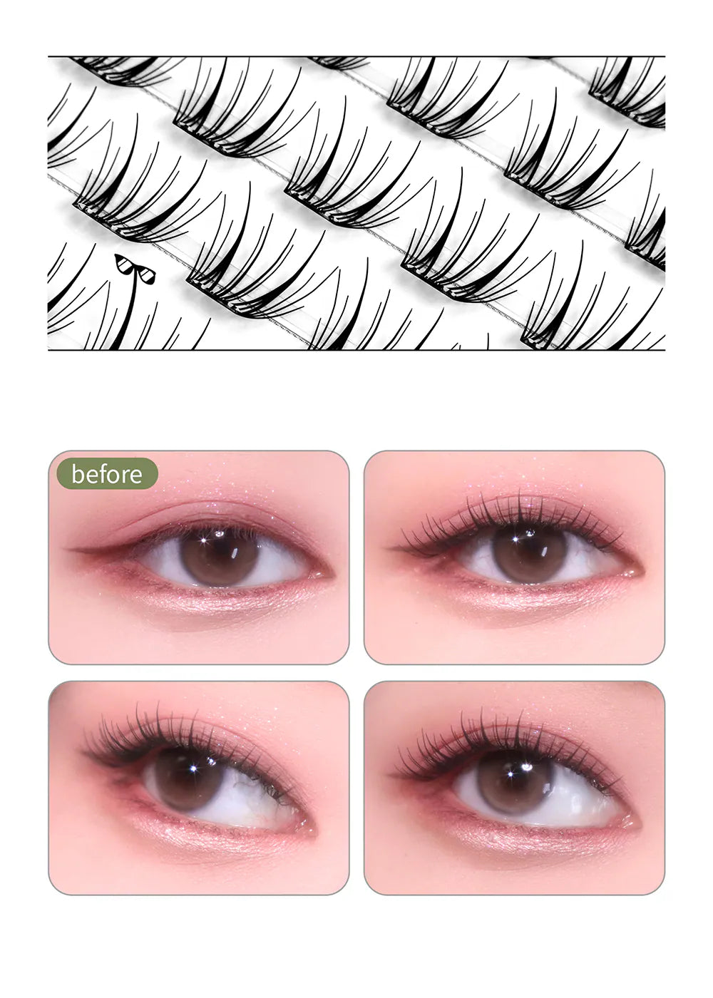 SOO ADOR｜Easy-Apply Clean Cut Self-adhesive Cluster Lashes- Glue-free & Includes lash applicator（80 pieces）｜6 styles available