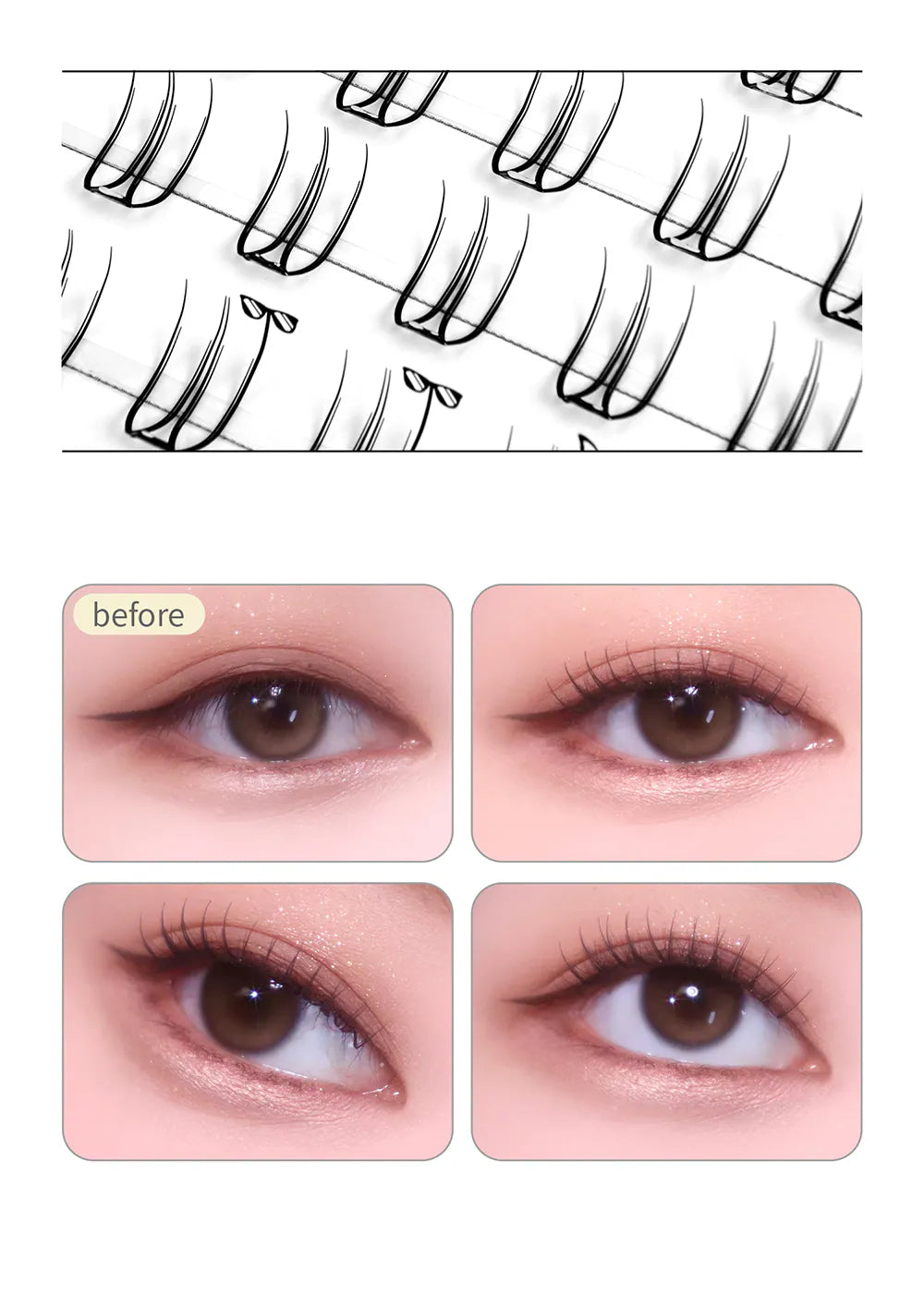 SOO ADOR｜Easy-Apply Clean Cut Self-adhesive Cluster Lashes- Glue-free & Includes lash applicator（80 pieces）｜6 styles available