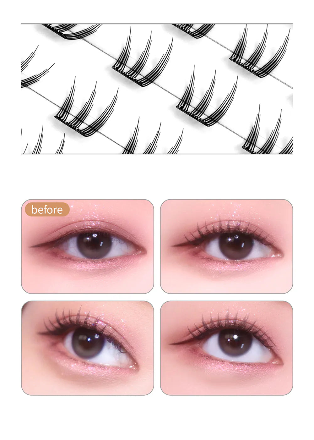 SOO ADOR｜Easy-Apply Clean Cut Self-adhesive Cluster Lashes- Glue-free & Includes lash applicator（80 pieces）｜6 styles available